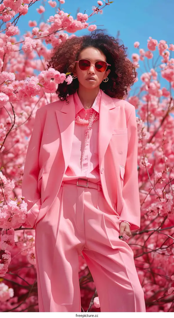 A woman wearing a pink suit poses in a field of cherry blossoms.