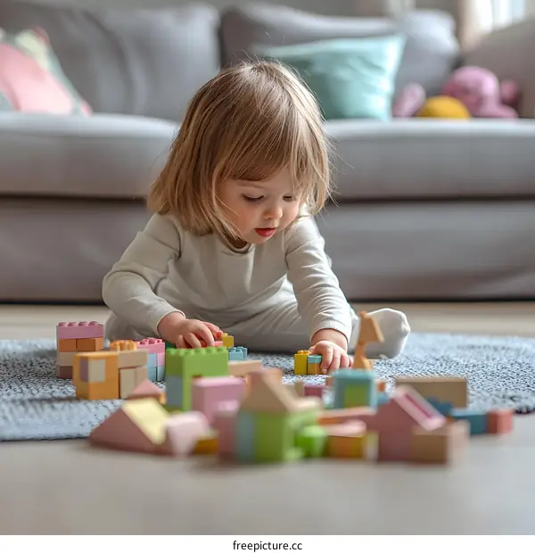 Little Girl Playing With Building Blocks