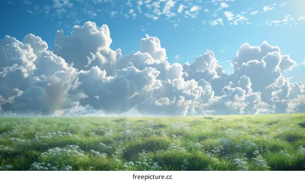 Stunning View of Fluffy Clouds Over a Green Meadow