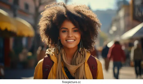 Portrait of a smiling young woman with curly hair wearing a yellow jacket and scarf