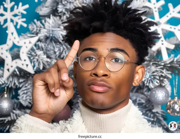 Young African American Man Wearing Glasses Points Up With One Finger