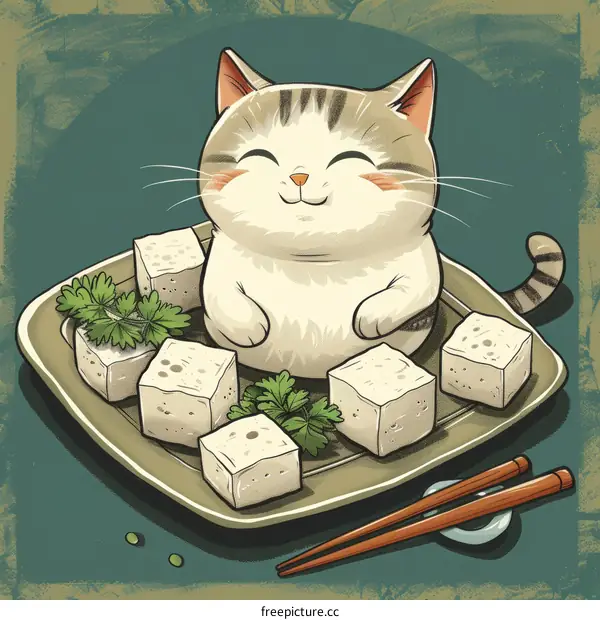 A cute cat is sitting on a plate of tofu.