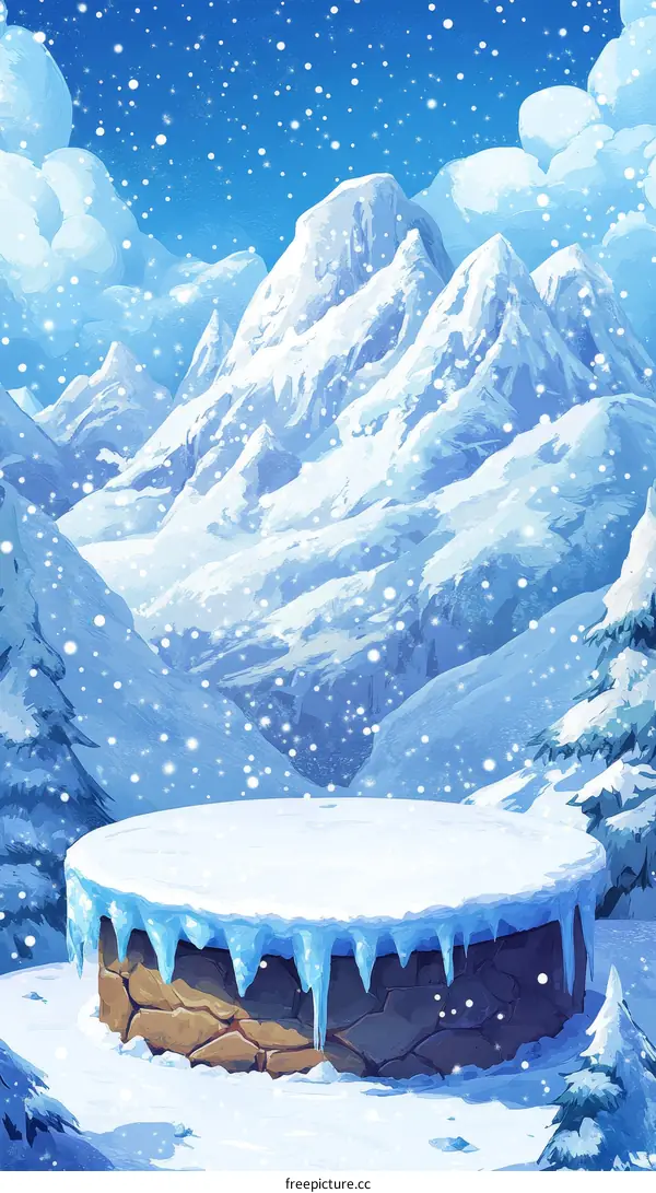Winter Mountain Landscape with Snow-Covered Platform