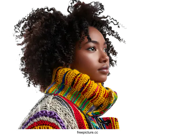 [Transparent Background PNG]Woman with Curly Hair in a Colorful Sweater