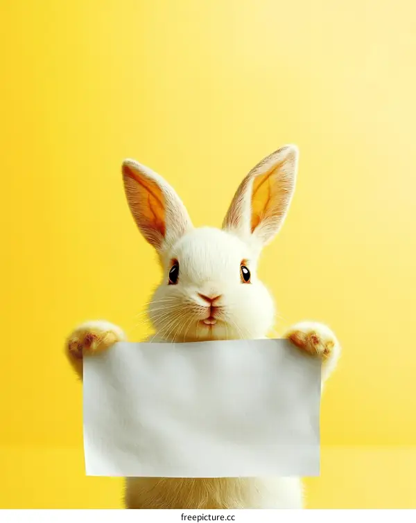 Cute White Rabbit Holding a Blank Sign Against a Yellow Background