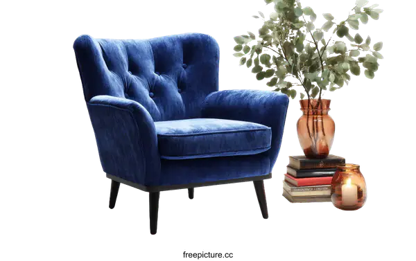 [Transparent Background PNG]Modern Blue Velvet Armchair with Decorative Accents