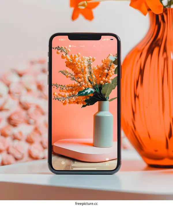 Close up of a Smartphone Display Showing a Flower Arrangement on a Pink Background