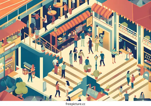 Isometric Illustration of People Shopping in a City Market