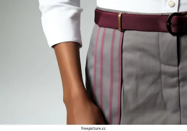 A person wearing a white shirt, gray pants, and maroon belt