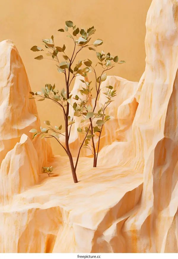 Abstract Minimalist 3D Render of Two Trees in a Canyon