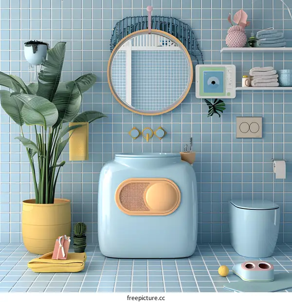 Blue Bathroom Interior Design with Retro Style Sink and Toilet