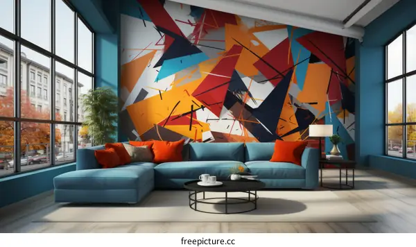 Blue and orange geometric mural wallpaper in living room
