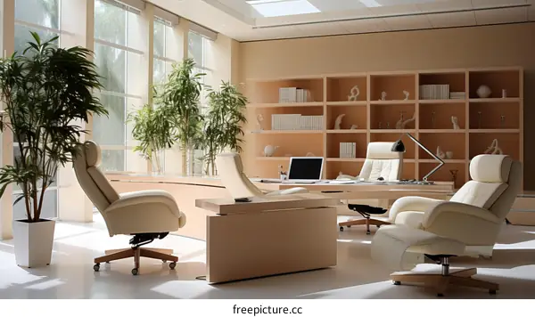 Modern office interior with large windows and plants