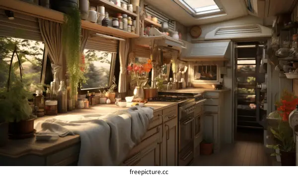 A cozy kitchen with a view of the forest