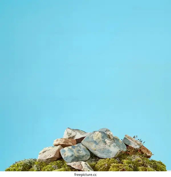 Pile of Stones on Moss Against Blue Background