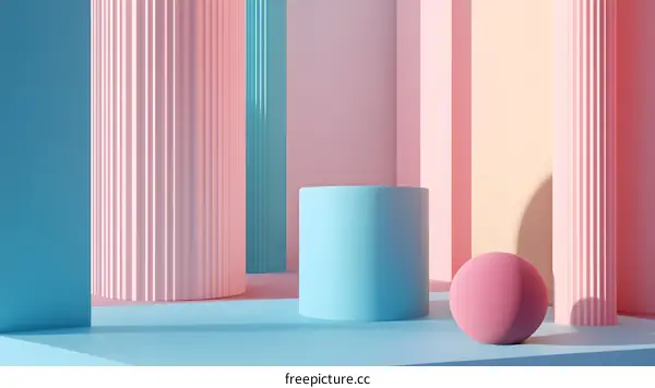Abstract 3D Rendered Pastel Pink and Blue Cylinders and Sphere Background