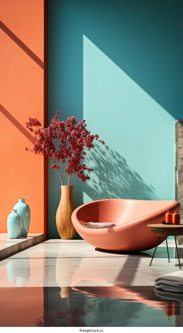 A stylish living room with a pink chair and blue vase