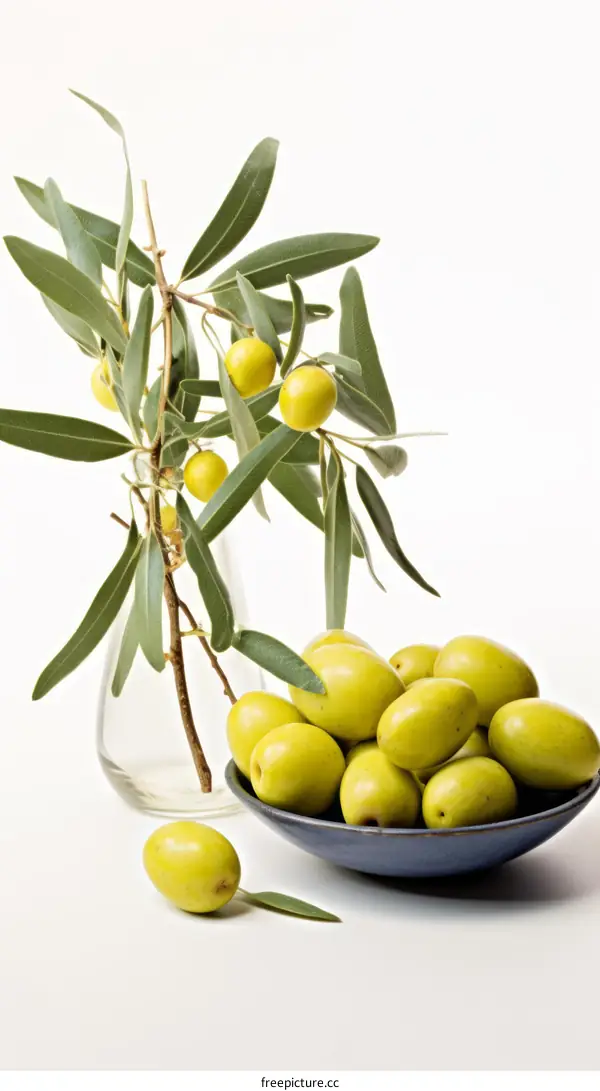 Green olives in bowl with olive branch
