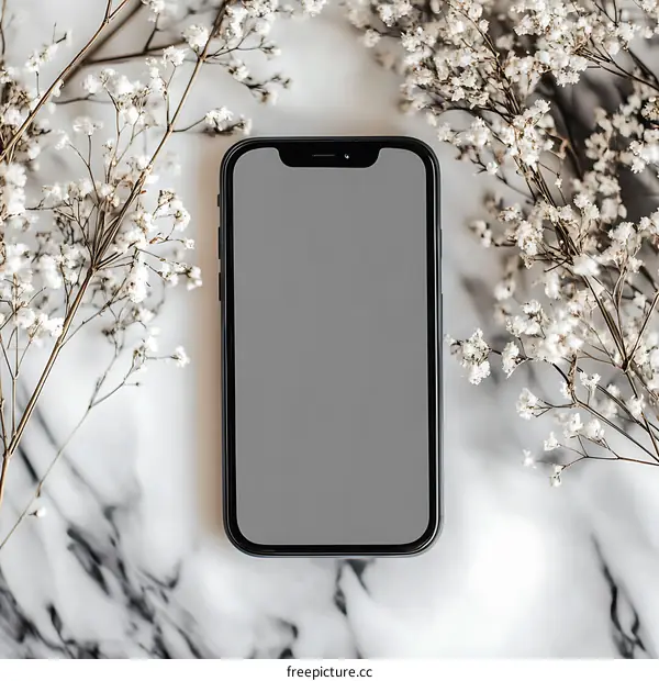 Black Smartphone with Blank Screen on Marble Background with White Flowers