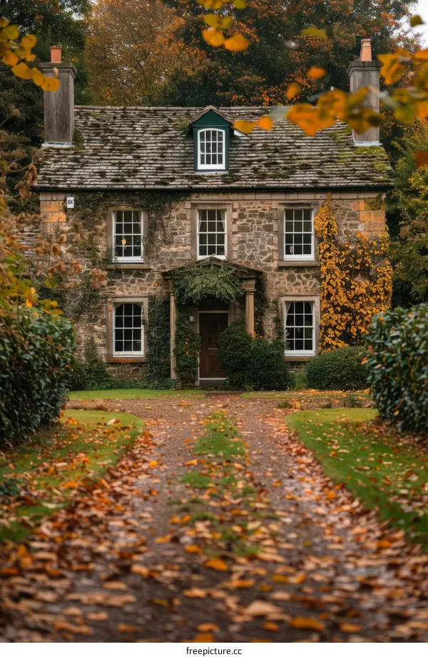 Stone country house with colorful autumn leaves