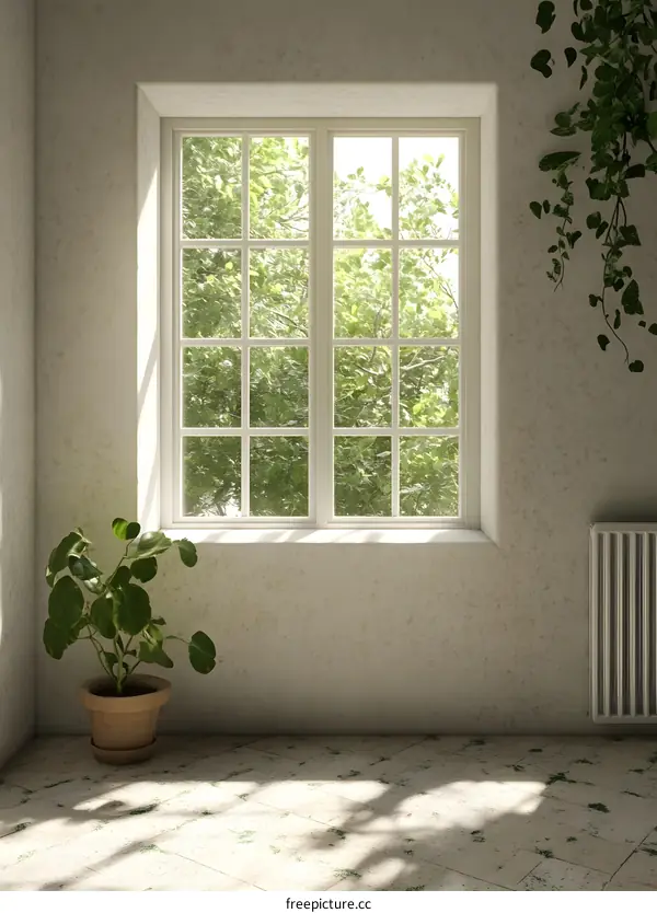 White Wall with Window and Green Plant in Pot