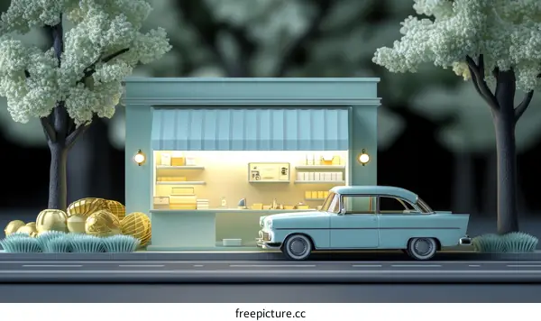 Miniature Shop and Vintage Car Scene
