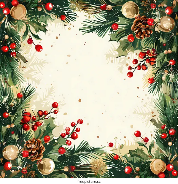 Christmas background with a border of holly, pine, and ornaments.