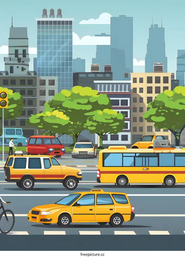 Cityscape Illustration with Cars and Buildings