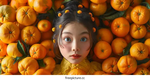Portrait of Asian Girl with Yellow Flowers and Oranges
