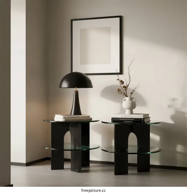 Modern living room corner with glass top side tables and black lamp