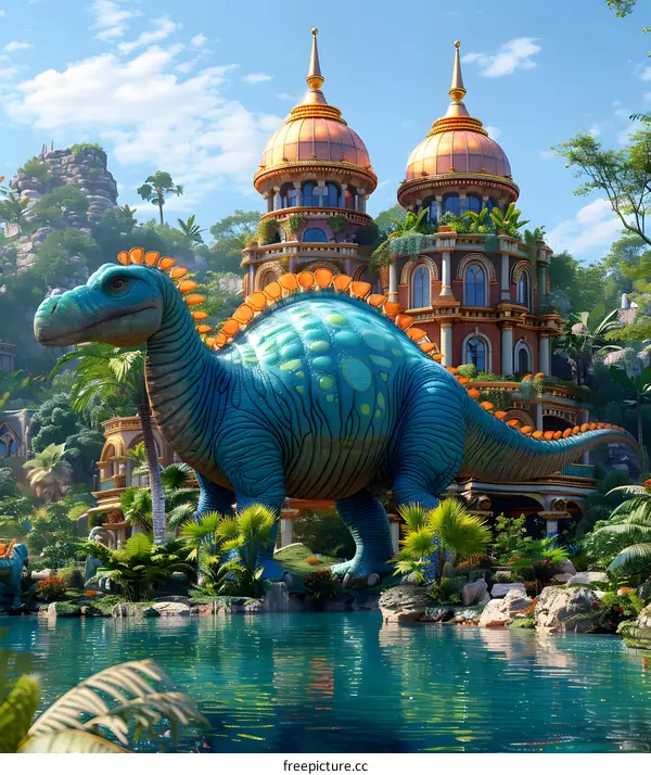 A blue dinosaur standing in front of a palace
