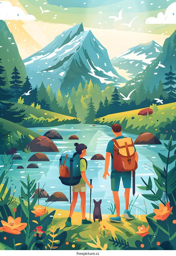 Couple Hiking In Mountain With Dog