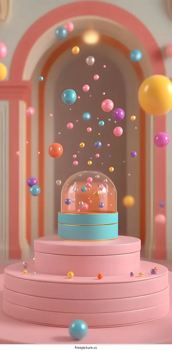 Colorful Balls Floating in a Glass Dome on Pink Platform