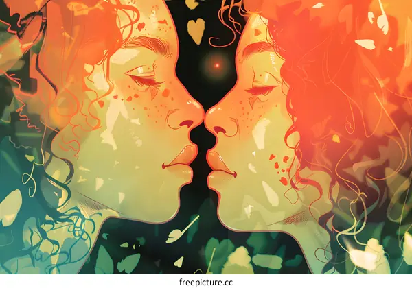 Two Women Facing Each Other with Closed Eyes in an Illustration with Green and Orange Background