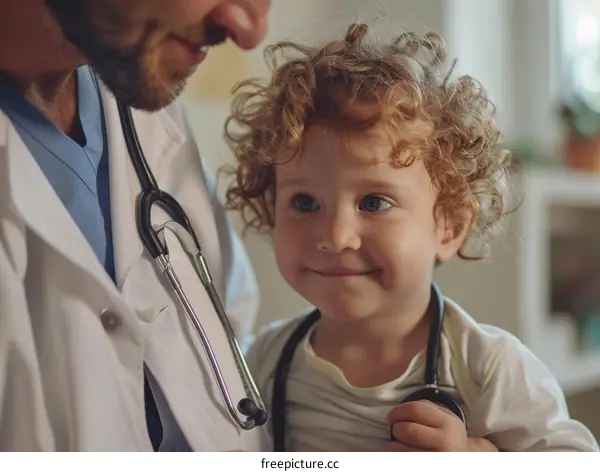 toddler with curly hair at a doctor's appointment