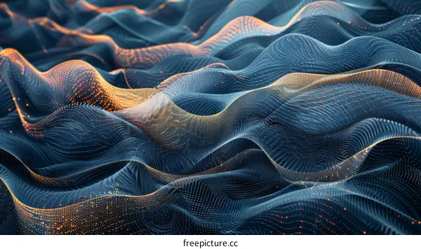 Blue and orange 3D rendering of a wavy surface with small dots