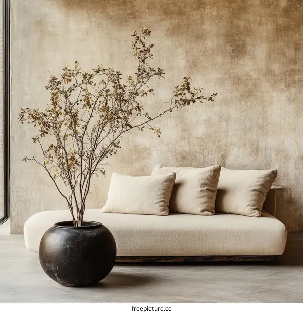 Beige Sectional Sofa with Dried Plant