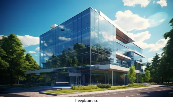 The office building has a modern glass facade and is surrounded by trees
