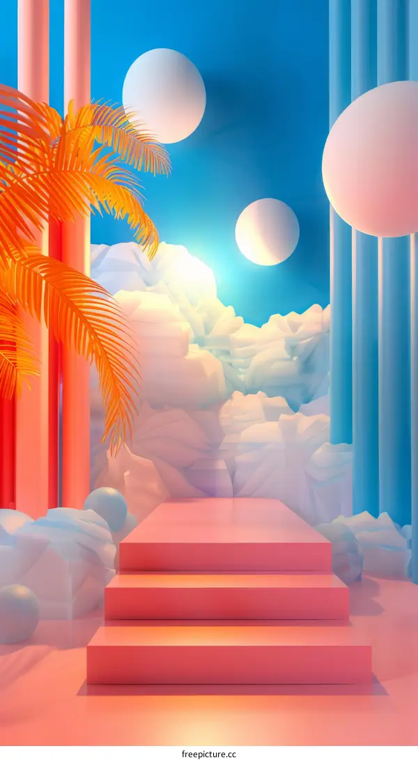 Pink and Blue Podium with Palm Tree and Clouds - 3D Rendering
