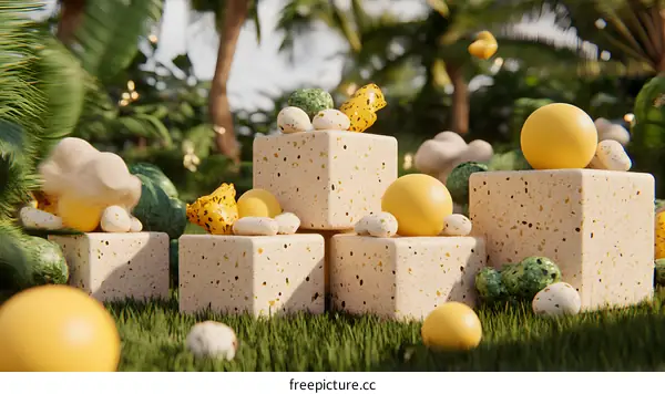 Abstract 3D Render of Cubes with Yellow and Green Spheres
