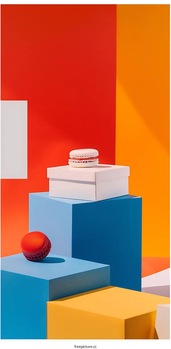 Macarons on Colorful Blocks with Minimalist Background