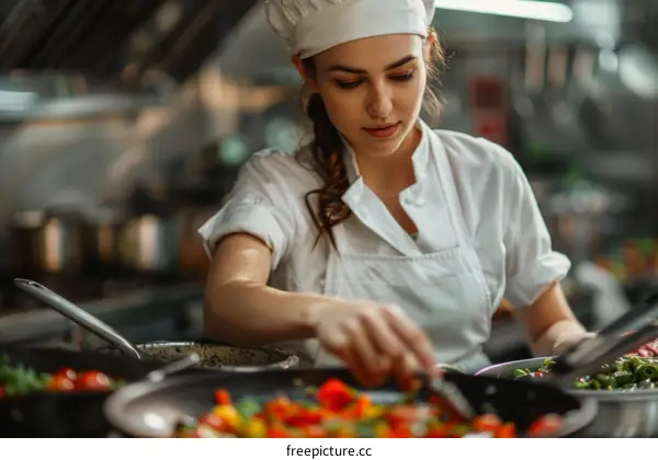 A female chef is cooking in a commercial kitchen