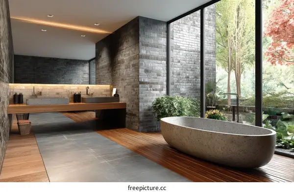 Modern Luxurious Bathroom with Stone Bathtub and Brick Walls