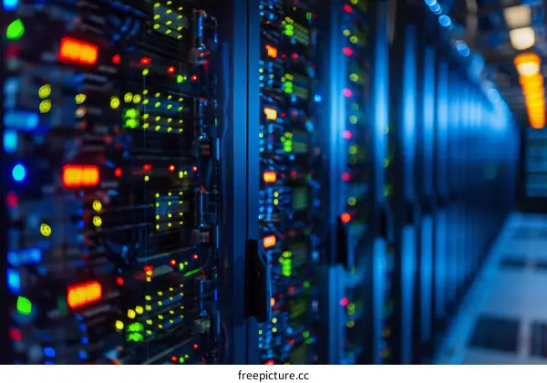 Server room with rows of rack-mounted servers