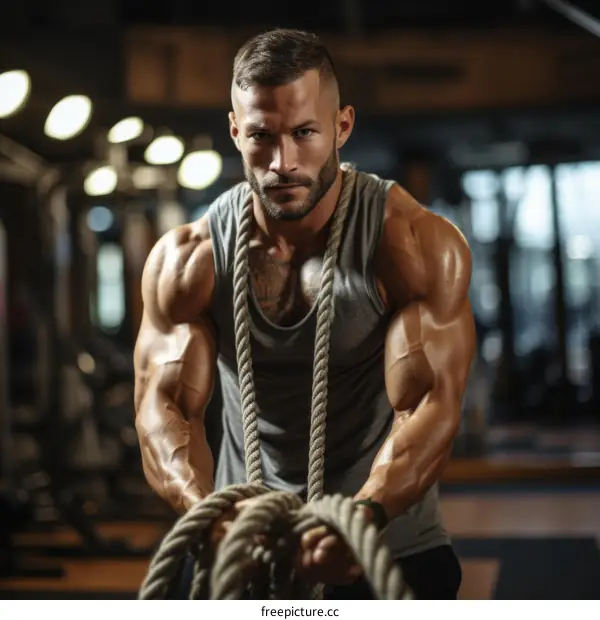 muscular man in tank top pulling ropes in gym