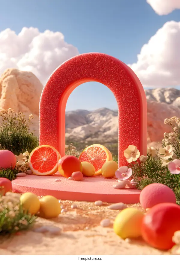 Abstract Archway With Fruits And Flowers In The Desert