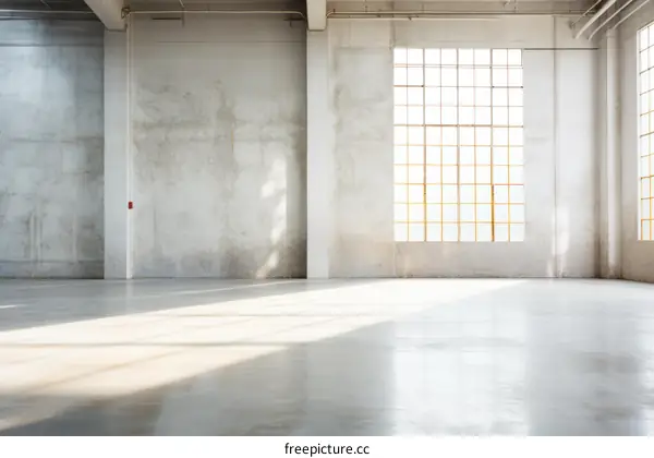 Large empty warehouse with concrete walls and large windows