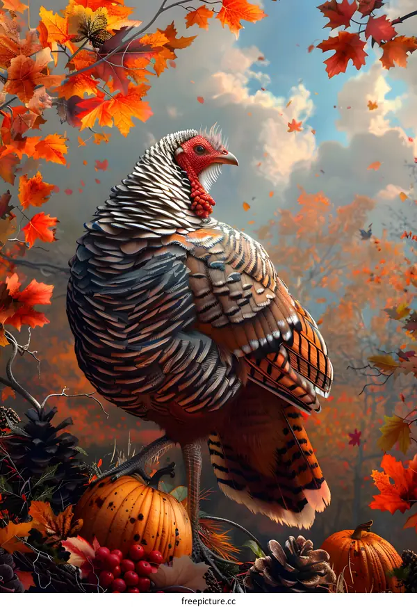 A majestic turkey stands in a field of pumpkins and fall leaves.