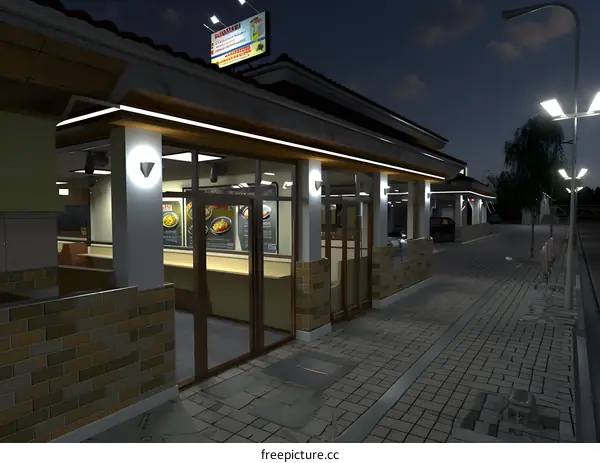 Night View of a Restaurant Building with Illuminated Sign
