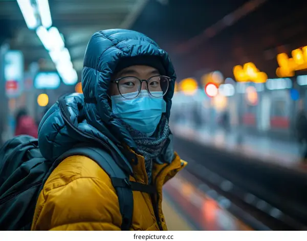 A young man wearing a mask and a backpack is standing on a train platform.